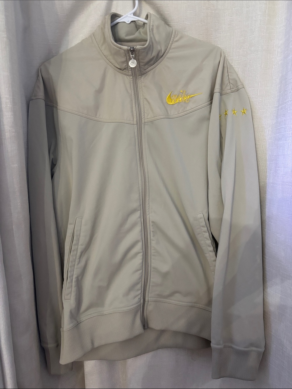 Beige Zip-Front Jacket with Yellow Logo
